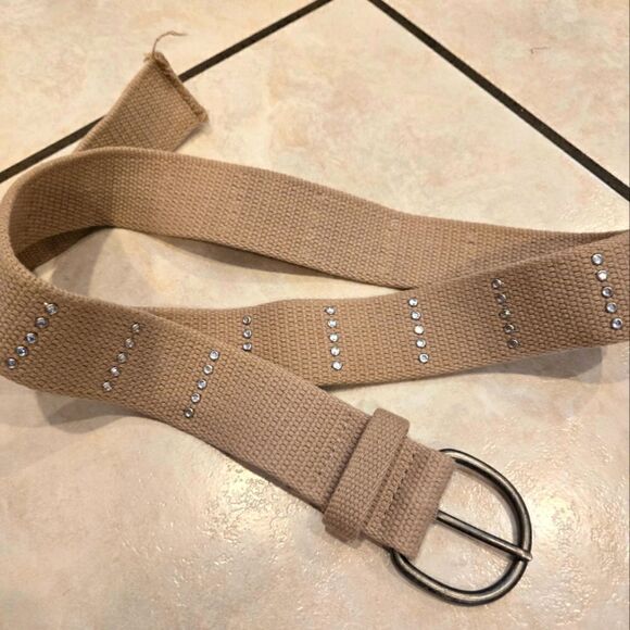 Woven Belt with Rhinestone Studs Tan - Picture 1 of 5
